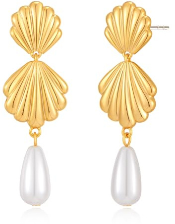 LILIE&WHITE Boucles d’Oreilles Femme Or avec Coquillage et Perle – Bijou Élégant Antiallergique, Fait Main, Cadeau Chic Été, Accessoire Mode