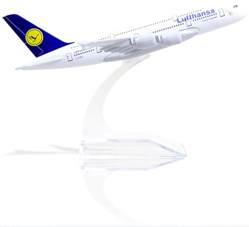 QIYUMOKE A380 Lufthansa 1/400 Modèle d'avion en métal moulé sous Pression avec Support Sky Jumbo Airliner Kit de modèle en Alliage pour Les Amateurs d'aviation Cadeau…