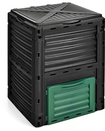 BOOZXCV 300L Garden Compost Bin, Large Plastic Composter Box with Flipped Lid, Bottom Exit Door & 12 Air Vents, Outdoor Waste Compost Converter for Soil Grass Rubbish (Black + Green)