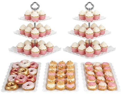 NWK 5-Piece Cupcake Stand & Appetizer Trays Set (Silver) | Cake Stand Set Includes 2 x 3-Tier Cupcake Stands, 3 Appetizer Trays, Square Shape, Silver Design, Perfect for Parties