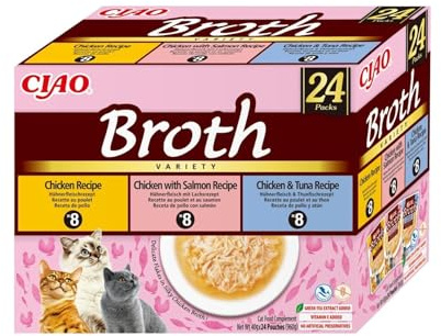 INABA Ciao Broth Gatos - Receta Saludable de Caldo de Pollo, 3 Sabores Diferentes - Comida Húmeda con Tiras de Pollo, Salmón y Atún - Natural, sin Cereales - 960g (24 Sobres x 40g)