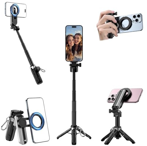 Selfie-Stick-Stativ Magnet 4-in-1 Mini Tragbarer, Selfiestick mit Stativ für iPhone 17/16/15/14 Samsung Smartphone, Selfie Stick mit Tripod Abnehmbarer Bluetooth Fernbedienung (Style 3)