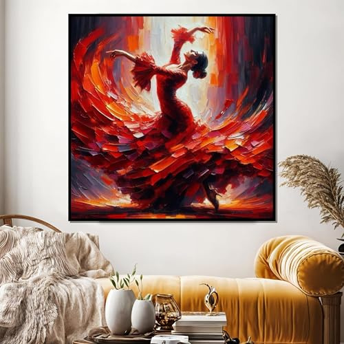 TONGYINLI Cuadro en lienzo de una bailarina de flamenco apasionada, pósteres e impresiones de danza apasionada, imágenes de vestidos rojos, mural decorativo de pared (80x80cm/marco interior)