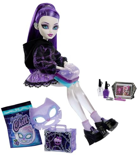 Monster High Self-Scare Secrets Spectra Vondergeist-docka | Uppackningsset med 13 realistiska överraskningar, som manikyrset och vinyl med skivspelare, JHK46