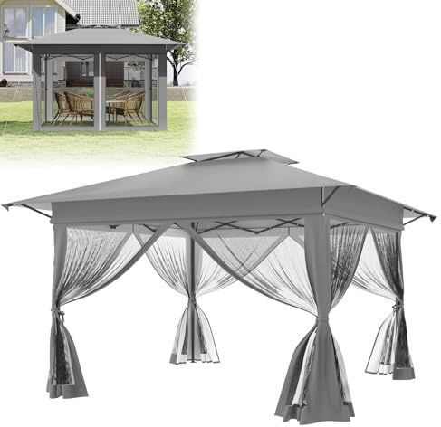 LZQ Trädgårdspaviljong 4 x 4 m, vikbar vattentät, pop-up paviljong med nätsidoväggar, justerbar höjd inkl. bärväska med hjul, UV-skydd, för trädgård terrass bakgård (silvergrå)