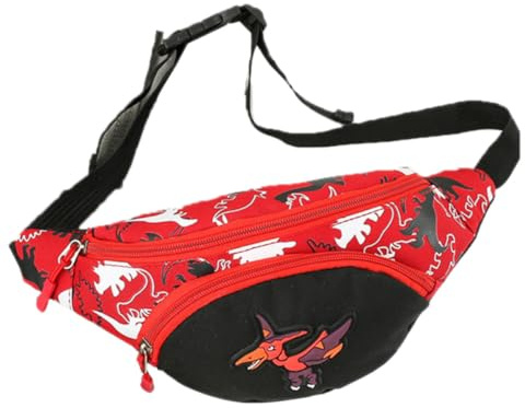 CHICAMPERA Riñonera para Niños Dinosaurio Roja de Pvc Tipo Bandolera | Ligera y Portátil, Cintura Elástica Ajustable, Uso Cruzado, Diseño Infantil