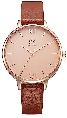 SHENGKE Damen Armbanduhr Kreative Frauen Uhren Marke Uhr Frauen Mesh Kleid Uhr Echtes Leder(Brown)