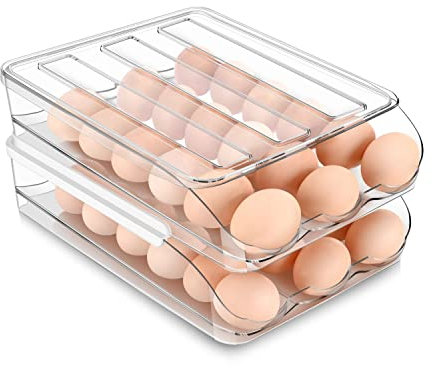 Flexzion Porte-?uf panier en plastique 24 couverts - Boîte distributrice en carton empilable Organisateur de stockage Conservateur avec couvercle transparent Grande capacité pour réfrigérateur Maison