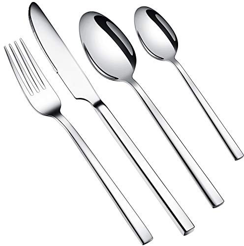 WUJO Besteckset, Besteck aus Edelstahl, 16-teiliges Silber Besteck Set inkl. Messer, Gabel, Löffel, Teelöffel Essbesteck für 4 Personen, Spiegelpoliert, Spülmaschinenfest