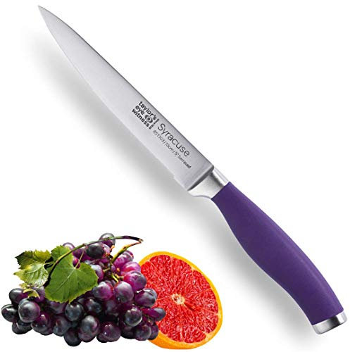 Taylors Eye Witness Syracuse Serrated Utility Kitchen Knife - Professional 13cm/5” Cutting Edge, Multi Use. Ultra Fine Blade, Precision Ground Razor Sharp. Soft Textured Grip. Purple Coloured Handle.