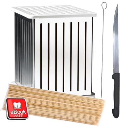 Orso Chef Cubo Arrosticini Inox - Produzione Artigianale di Spiedini Carne, Pesce, Frutta, Kebab e Barbecue - 64 pz, 70 Stecconi Inclusi, Coltello e Istruzioni