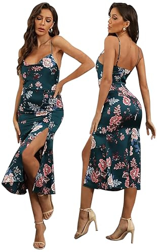 Women's Sleeveless Spaghetti Strap Satin Wedding Guest Party Dress Cocktail Evening Cowl Neck Backless Midi Formal Dresses… (XL, Green Floral)