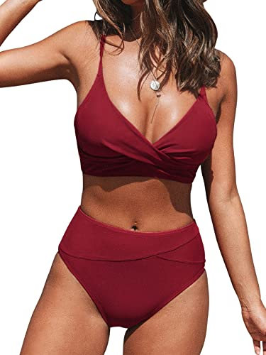 CUPSHE Damen Bikini Set Crossover High Waist Bikini Bademode Wickel V Ausschnitt Raffungen Zweiteiliger Badeanzug Swimsuit Weinrot L