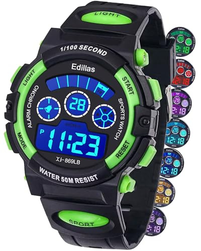 Edillas Kids Watches Digital for Boys, 7 Colors 50M Waterproof Wrist Watches for Child Sport Outdoor Multifunctional with Stopwatch/Alarm Watch for Kids Ages 7-15