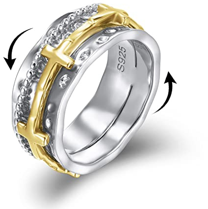 VONALA Cross Fidget Rings for Anxiety Gold Plated 925 Sterling Silver Cross Spinner Rings for Women Anti Stress Mood Rings Band Wide Hammered