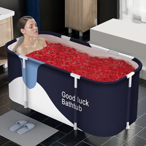 Baignoire Pliante pour Adulte 133x64x47cm, Seau de Bain À Vapeur de Sauna, Douche et Bain de Glace Chaud, Portable Non Gonflable (Bleu-blanc)