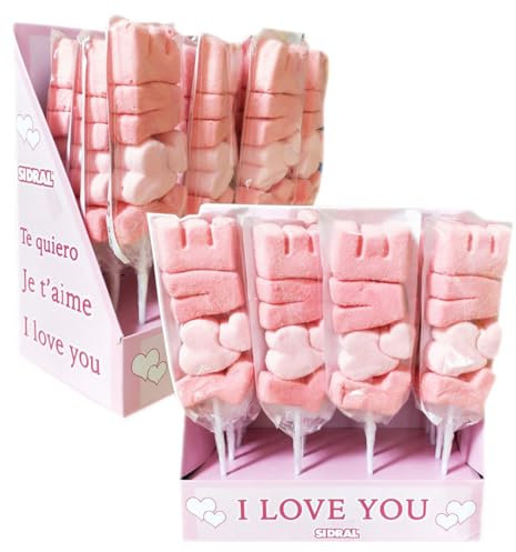 SIDRAL -16 Pinchos Love Marshmallow Sabor Fresa (50 g) – Piruletas, Chuches San Valentín, Kit de Chuches Sin Gluten, Regalos Parejas - Celebraciones (Pinchos Love)