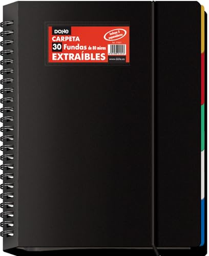 Dohe - Cartella con 30 buste rimovibili - A4 (25 x 31 cm), anelli a disco, 5 divisori colorati, chiusura in gomma elastica - materiali per ufficio e scuola