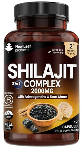 Shilajit Complex enriched with Ashwagandha & Lions Mane, High Strength 2000mg Himilayan Shilajit Complex Capsules with 60% Fulvic Acid - 2 Months Supply Made in The UK By New Leaf