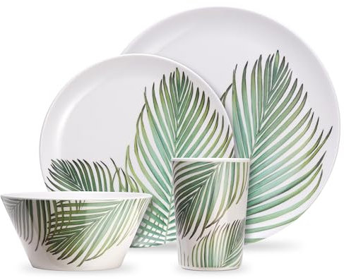 VonShef Melamine Dinnerware Set, 16Pc Leaf Print Dinner Set Including 4 Dinner Plates, Side Plates, Bowls & Tumblers for Picnics, Camping & BBQs, Easy Clean Dishwasher Safe Plastic Tableware