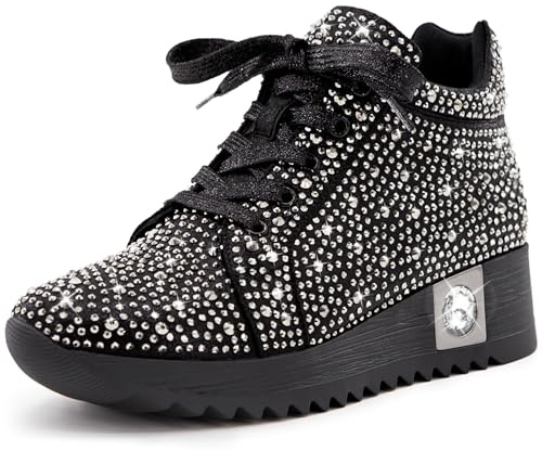 FINDVELL Women's Fashion Glitter Sneakers Platform Wedge Shoes Sparkly Rhinestone High Top Sneakers Trendy Sequin Shoes Wedding Bride Dress Size 8.5 Black