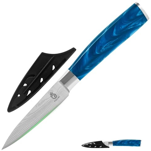 FULLHI Coltelli spelucchini, colore 3,5 pollici coltello giapponese con guardia, coltello da frutta in acciaio inox coltello da cucina con guaina (Resina blu)