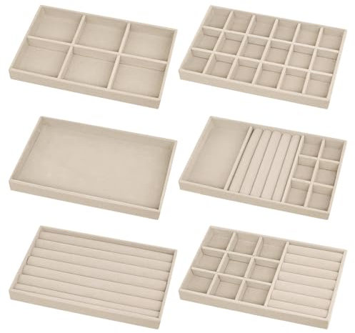 6 Pezzi Vassoio di Velluto per Gioielli, Impilabile Vassoi per Gioielli con Inserto a Cassetto, Vassoio Organizzatore di Gioielli, Vassoi per Gioielli per Anelli Orecchini Bracciale Collana - Beige
