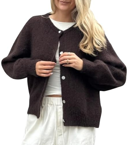 Cardigan maglione da donna a maniche lunghe tinta unita bottone Y2k maglione lavorato a maglia grossa Fuzzy Soft Knit Top Outerwear, Marrone scuro, XL