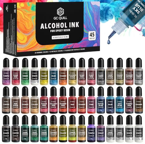 GC QUILL Vernice per Resina Epossidica - 43 Colori Vivaci (12 Metallizzati, 7 Fluorescenti, 24 Normali) - 45 flaconi di Pigmenti Liquidi per epoxy Resin, Gesso GC-AK45