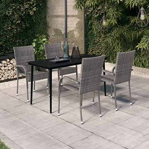 5 pezzi Gruppo da giardino per terrazza e balcone, robusto rattan PE e acciaio, grigio e nero, per esterni, con tavolo in vetro e 4 sedie