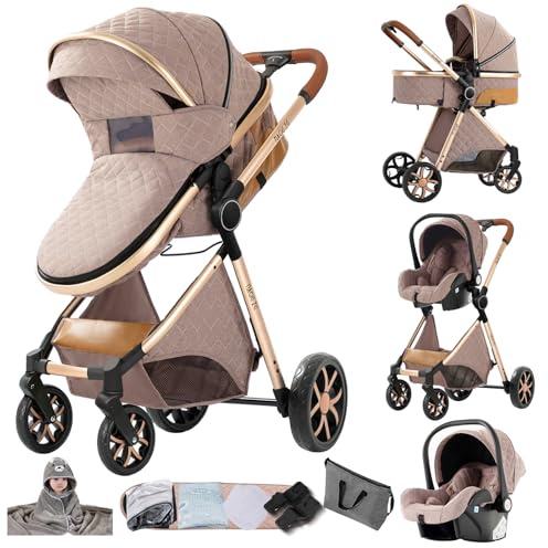 3-i-1 resesystem, barnvagn för nyfödda och spädbarn, med babystol, justerbart soltak, från 0–36 månader (kaki)