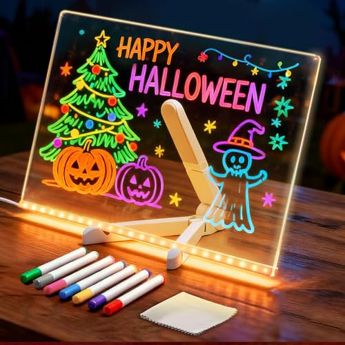 LED Drawing Board for Children, 2026 New LED Note Board with Colors Doodle Glow Board, Light Up Drawing Board with 7 Markers Pen & Tripod, Kids Gift for Birthdays,Christmas,Halloween (7.9x7.9in)