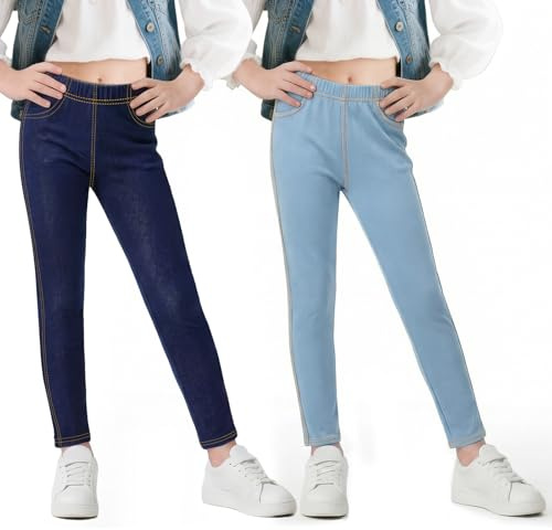 Baogaier Leggings Niña, Pack de 2, Elásticos Slim Fit Jeggings, 6-13 Anos | Vaqueros Legging, Transpirable Mallas, con Bolsillos, Niños Diario Colegio Casual Pantalones, Tobilleros, Cómodo Niños Ropa