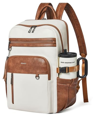 SHRRIE veganläder laptopryggsäck för kvinnor, 17 tums datorväska för arbete, affärsresor med hållare för vattenflaska, BEIgE, 12 x 7 x 18