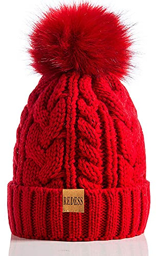 REDESS Gorro de Invierno con pompón para Mujer con Forro Polar cálido, Gorro de esquí Grueso y Holgado con Punto de Nieve y Calavera