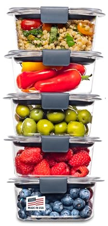 Rubbermaid 2108398 Leak-Proof Brilliance Food Storage Set | 1.3 Cup Plastic Containers with Lids | Microwave and Dishwasher Safe, 5-Pack, Clear