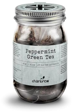 Charbrew Peppermint Tea - 16 Fine Mesh Pyramid Teabags with String & Tag in Reusable Glass Mason Jar | Premium Green Tea Blend with Peppermint Leaf