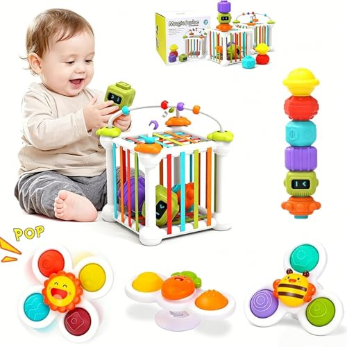 Jokooan Jouet Montessori pour Bébés (12 pcs), Jeux Montessori Cubes de Motricité STEM Jouets Éducatifs de Tri des Formes avec 3 Toupies à Ventouse et 6 Formes Multisensorielles pour Les Enfants