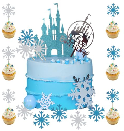 NEODTX Decoración para tartas de Frozen Happy Birthday purpurina azul castillo para tartas, copos de nieve plateados, decoración para cumpleaños infantiles, niñas, tartas de boda