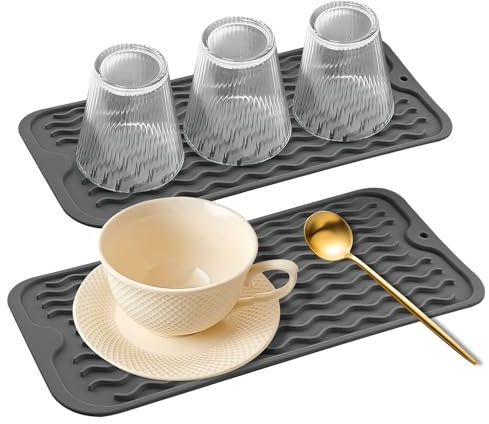 Abtropfmatte Silikon, Abtropfmatte Geschirr, 30 cm x 15 cm 2 Stücke Abtropfschale, Trockenmatte Besteck, Umweltfreundlich, Hitzebeständig und rutschfest (Grau)