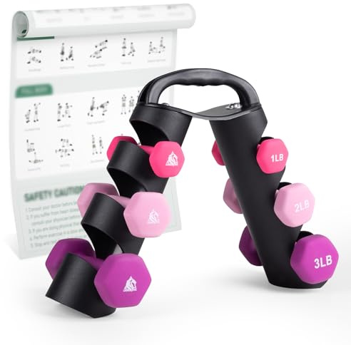 LIONSCOOL 1LB 2LB 3LB Pair Neoprene Coated Dumbbell Set with Sturdy and Portable Rack, All Purpose Premium Hex Dumbbell Set (Rosy Vigor)