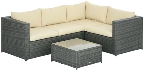 Outsunny 3Pcs Rattan Corner Sofa Set Coffee Table Garden Furniture w/ Cushion