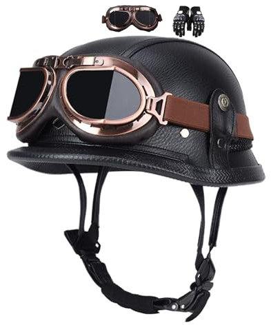 Casco jet retro, de moto, scooter, estilo alemán, para hombre y mujer, vintage, con guantes y gafas, homologado