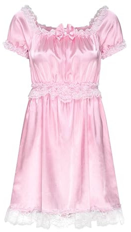 Satini Lingerie Satin efféminé Nuisette Volants Froufrou Dentelle Slip Complet Vêtements de Nuit Robe (Rose Clair, M)