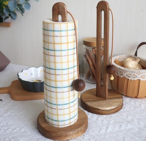 Wooden Kitchen Roll Holder Free Standing, Acacia Wood Paper Towel Holder Stand for Kitchen Counter, Non Slip Towel Roll Holder Countertop, Farmhouse Organizer Fits Most Size Paper Roll