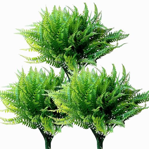 Kingrun 15PCS Outdoor Artificial Fern Plants UV Resistant Bulk Fake Boston Ferns Grass Mums Outside Faux Plastic Greenery Shrubs for Front Porch Window Box Planter Hanging Basket Garden Wedding