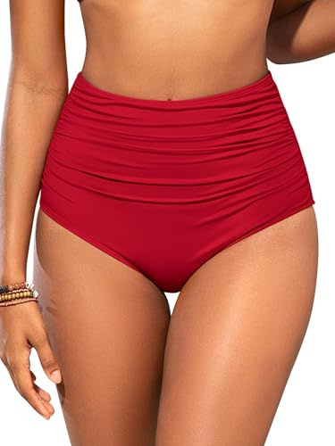 SHEKINI Women Shaping Swimwear Bottoms High Waisted Bikini Bottom Tummy Control Ruched Swim Brief Bottom, Red, Large