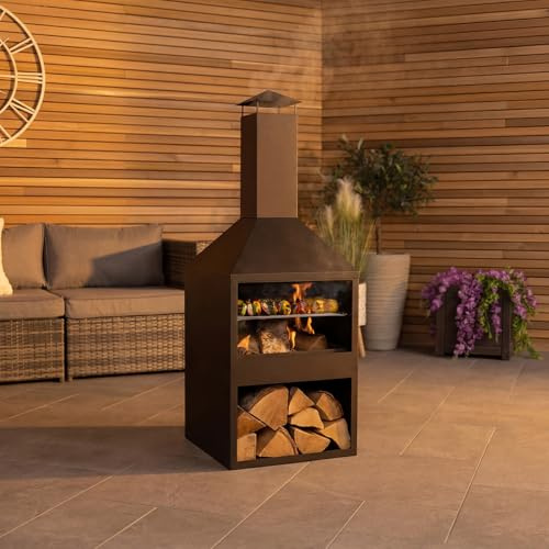CHARLES BENTLEY Iron And Black Powder Coated Steel 118cm BBQ & Chimenea, Heater, Wood And Charcoal Burner, Rust Resistant, Log Storage, Poker Included, Contemporary Design, In Black (118x44x44cm)