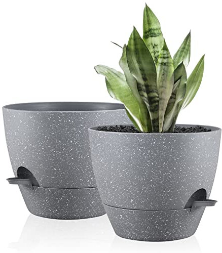 FORAGIFT 25cm Self-Watering Plant Pots Indoor, 2 Pack Large Plastic Plant Pots with Deep Reservior and High Drainage Holes for Indoor Outdoor Plants and Flowers, Grey with Speckles