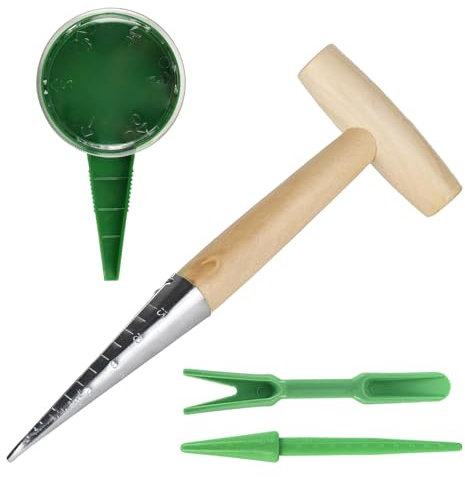 4pcs Garden Dibber, Seed Planter Tool, Dibber For Planting Seeds, Two-Piece Seedling Extractor & Dark Green Seeder & Wooden Handle Stainless Steel Hole Puncher For Planting